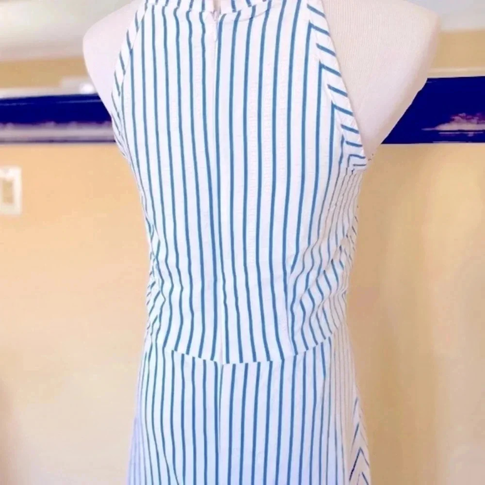 London Times Striped Halter Midi Dress Blue White Tie Front 8 NWOT - Picture 6 of 10
